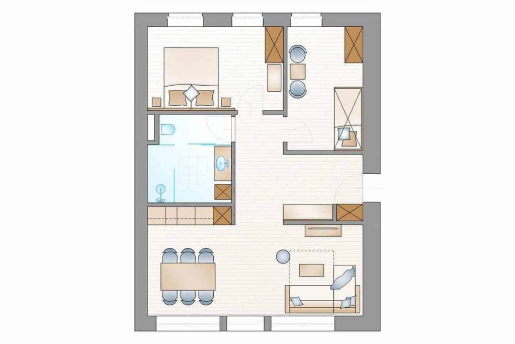Grundriss eines modernen 4-Sterne-Apartments mit Schlafzimmer, Wohnbereich und Wellnessbereich.
