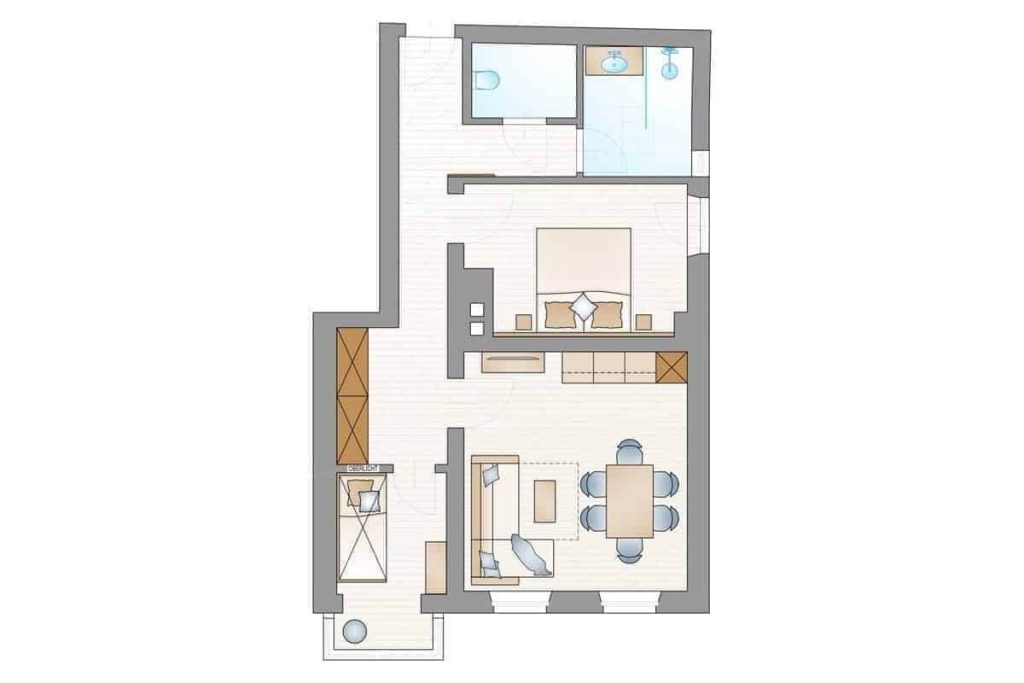 Grundriss eines modernen 4-Sterne-Apartments in den Adler Alpen Apartments, Schruns.
