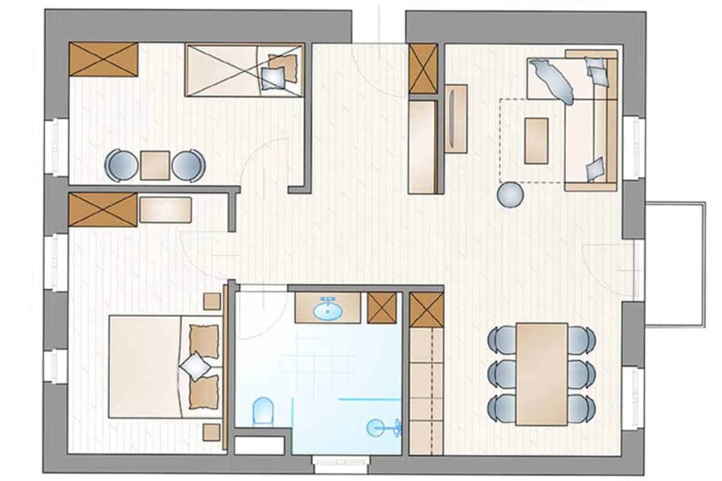 Grundriss einer luxuriösen 4-Sterne Ferienwohnung mit modernen Möbeln und Spa-Bereich.